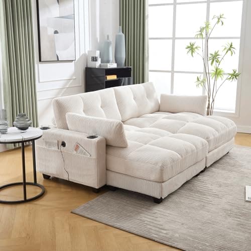 Beige 91-inch Modular Chaise Lounge Sleeper Sofa with USB Ports & Cup Holders