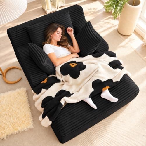49" Chaise Lounge Indoor, Oversized Chaise Lounge Chair with 3 Comfy Pillows for Living Room Bedroom, Wide Arms Corduroy Fabric High-Density Foam No Assembly Required (White)