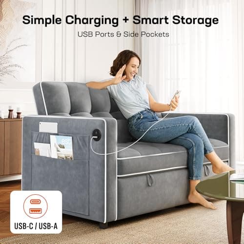 Amada 3-in-1 Convertible Couch Bed, Living Room Futon with USB Pockets (Grey)
