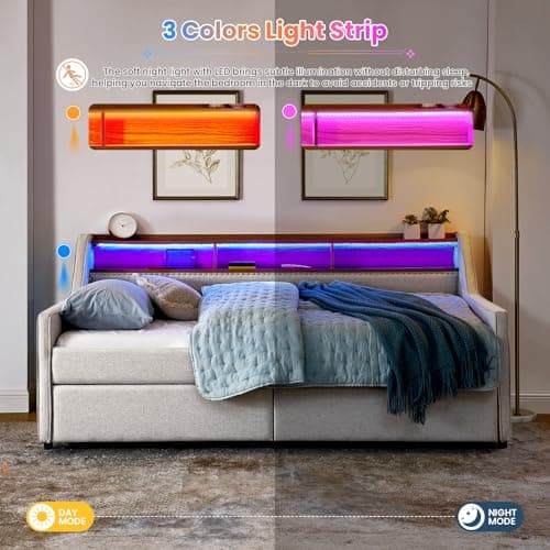 Antetek Beige Upholstered Linen Daybed with Storage & Wireless Charger