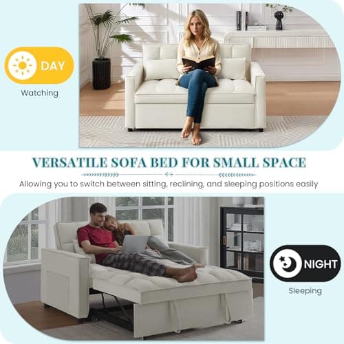 Convertible Sleeper Sofa Bed for Small Living Rooms, Beige Velvet Loveseat Futon Couch with Pullout Bed