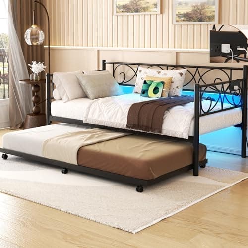 Unikito Black Metal Daybed with Charging & LED Lights, Twin w/ Pop-Up Trundle