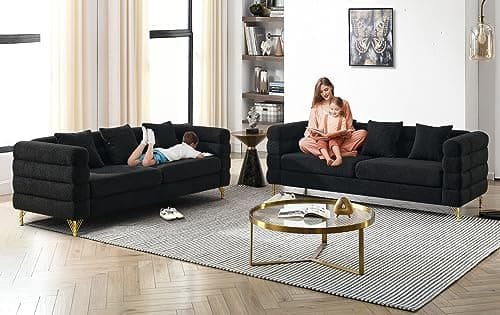 Modern Black Teddy Fabric Love Seat Sofa with Square Arms & Metal Legs for Living Room