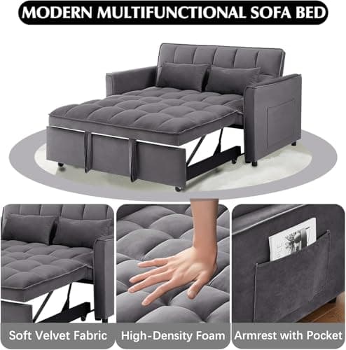 Velvet Sleeper Sofa Bed with Armrests and Storage, Modern Couch for Living Room, Bedroom, or Office