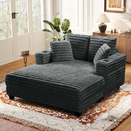 Dark Grey 60" Chaise Lounge Chair Indoor, Fluffy Plush Faux Fur Sleeper Couch Lazy Chair Bed for Living Room, Oversized Comfy Sofa Bed with Pillows & Armrests