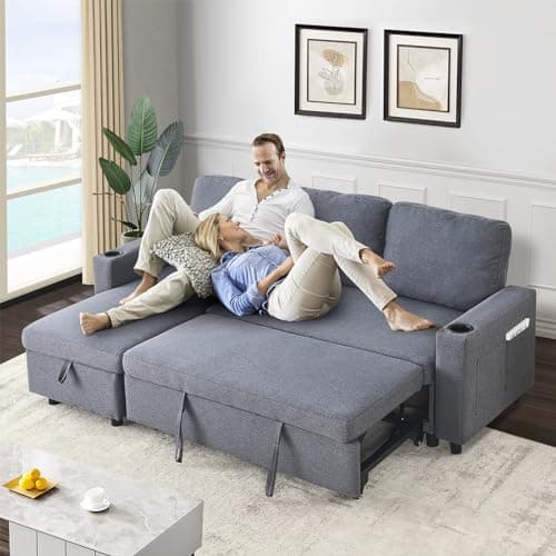 Antetek Reversible L-Shaped Sleeper Sofa Bed, Dark Grey & Storage Chaise