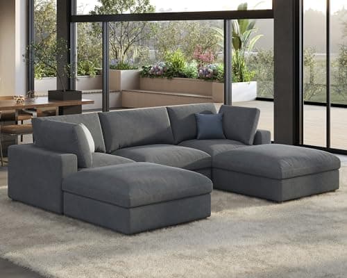 Oversized 5 Seat Grey Linen U Shaped Chaise Sectional Sofa