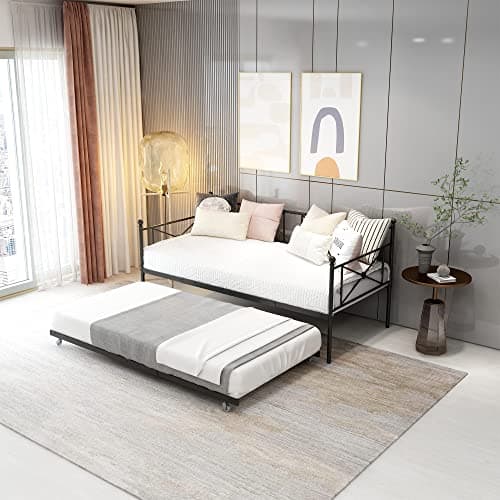 Premium Black Steel Slat Twin Daybed with Headboard