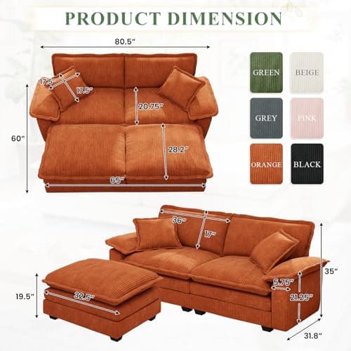 80.5-inch Modern Corduroy Chaise Sleeper Sofa, Orange