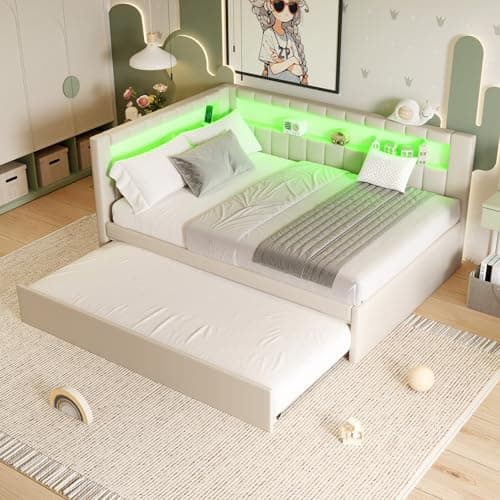 Twin Size White Daybed with Trundle and L-Shaped Bookshelf Headboard for Kids Boys Girls