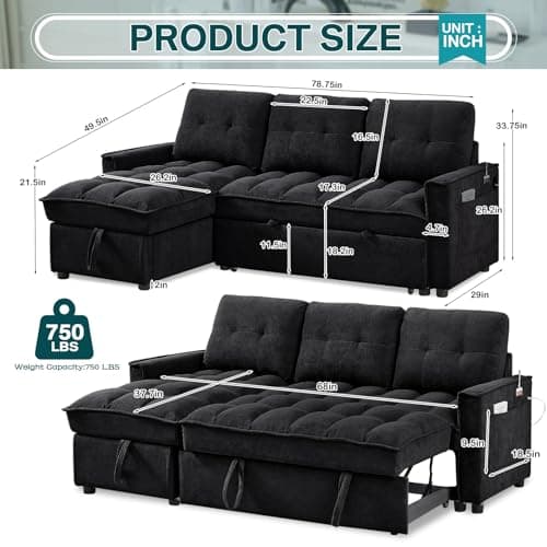 Reversible L-Shaped Sleeper Sofa Couch, Black with Storage & USB Ports