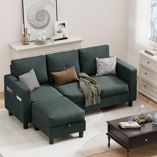 Vongrasig 3 Seat L Shaped Sofa with Removable Pillows Linen Fabric Black