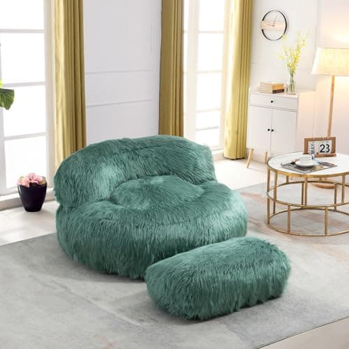 Modern Fluffy Beanbag Chair with Ottoman for Adults and Kids, Black