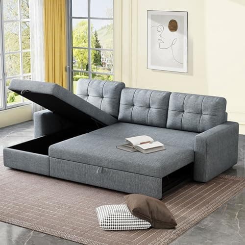 Beige L-Shaped Sleeper Sectional with Reversible Storage for Living Room & Apartment