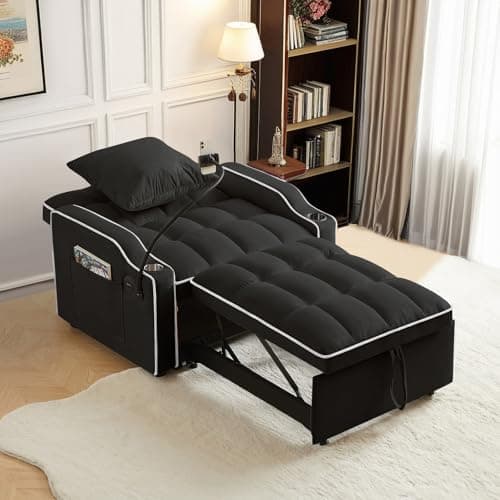 Modern Velvet Sleeper Sofa Bed with Charging Ports, Black