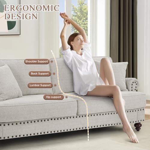 Antetek Chenille Sofa Couch, Mid-Century Modern 3-Seater Sofa with Bun Feet, Beige