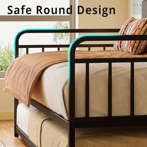 LIKIMIO Sturdy Metal Twin Bed Frame with Upholstered Headboard & Charging Station, Black