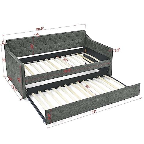 Antetek Twin Size Daybed with Trundle – Grey Fabric Sofa Frame, No Box Spring Needed for Bedroom, Living Room, Guest Room