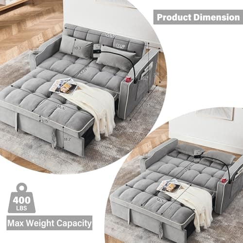 3-in-1 Velvet Convertible Sofa Bed with Adjustable Backrest, Gray