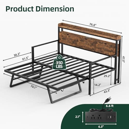Daybed with Trundle, Twin Frame with Charging Station, LED Lights, Storage Headboard