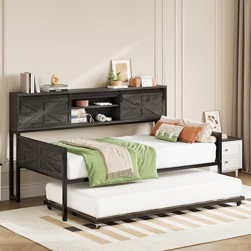 LIKIMIO Industrial Brown Daybed with Trundle, Storage & Charging Station