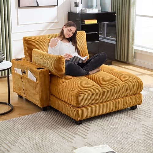 Antetek 44-inch Corduroy Tufted Chaise Lounge with USB Ports & Cup Holders, Yellow