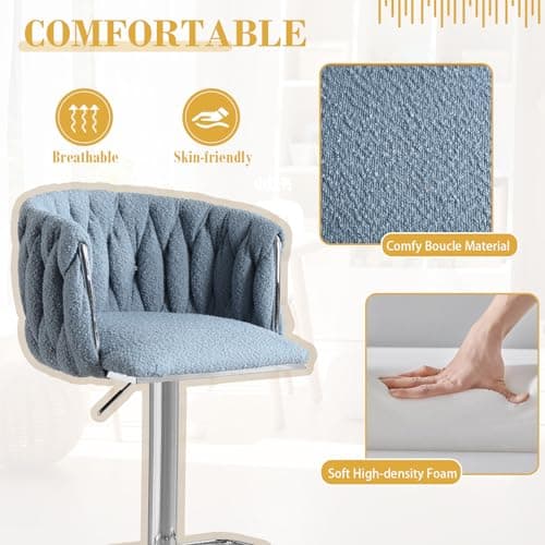 Antetek Modern Swivel Bar Stool Set, Adjustable Height, Woven Back, Silver Base, Blue Teddy