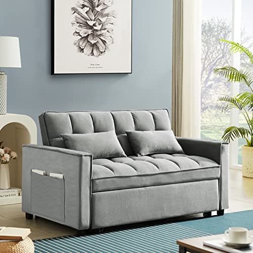 Antetek 3-in-1 Velvet Sleeper Sofa Bed, Grey, 54"
