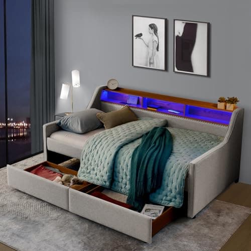 Antetek Beige Upholstered Linen Daybed with Storage & Wireless Charger