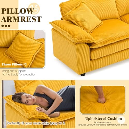 Modern Yellow Corduroy Chaise Longue with Movable Ottoman for Living Room