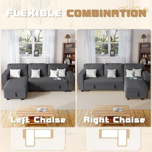 Furmax Grey 3-Seat L-Shaped Sleeper Sofa with Storage & USB Ports