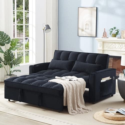 Modern Velvet 3-in-1 Sleeper Sofa Bed Love Seat with Reclining Backrest, Pillows, Pockets for Living Room Apartment
