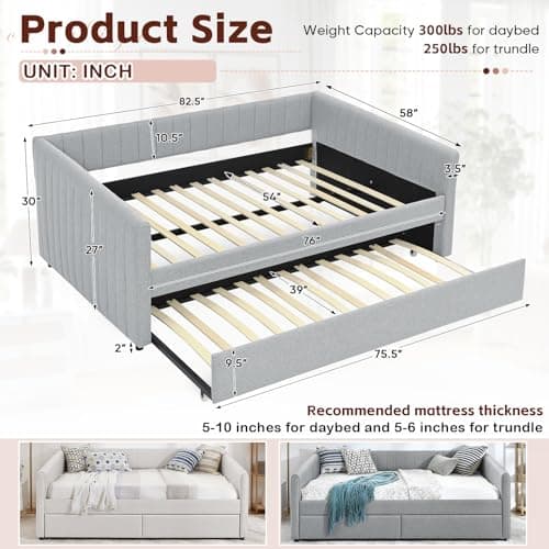 Antetek Full Size Linen Daybed with Twin Trundle, Grey