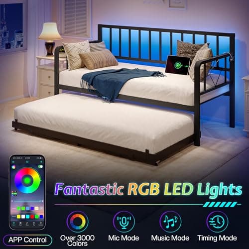 Jocisland Twin Daybed with Charging Station & LED Lights, Black