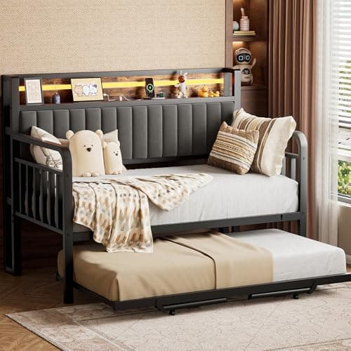 Daybed with Trundle and LED Light, Heavy Duty Metal Twin Bed Frame with Upholstered Storage Headboard & Charging Station, Day Bed Pop Up Trundle Bed Twin for Living Room,Bedroom and Guest Room (Black)