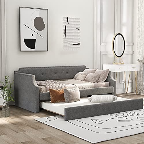 LZ LEISURE ZONE Beige Twin Size Daybed with Trundle for Bedroom Living Room