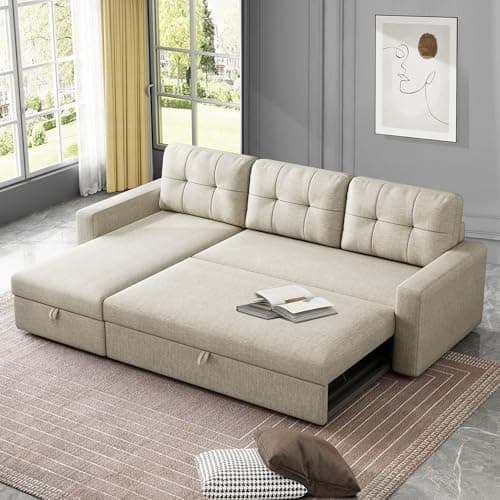 Beige L-Shaped Sleeper Sectional with Reversible Storage for Living Room & Apartment