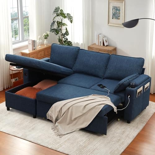 DURASPACE Blue Linen L-Shaped Sofa Bed with Storage Chaise