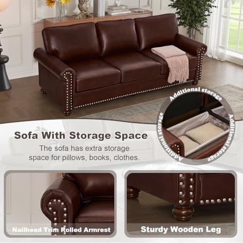 Burgundy Mid Century Modern 3 Seater Sofa with Storage