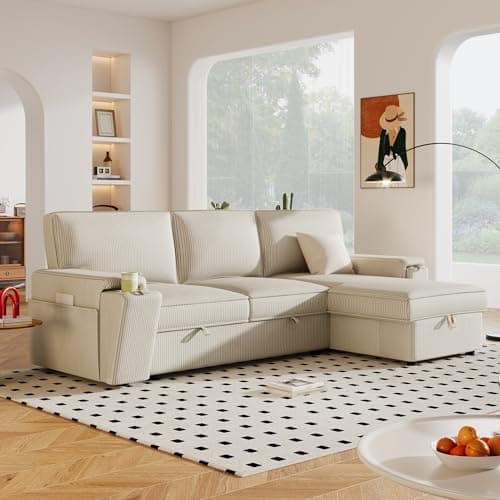 Eafurn Reversible Corduroy L-Shaped Sleeper Sectional With Chaise, USB Ports, Living Room Sofa Bed