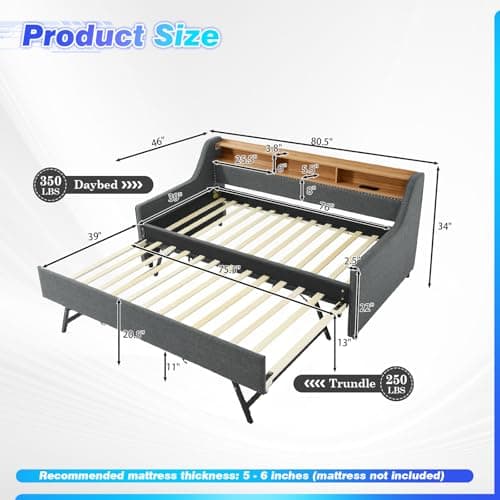 Twin Daybed with Pop Up Trundle & Wireless Charger - Dark Grey Sofa Bed for Bedroom & Living Room, No Box Spring Needed  
Upholstered Day Bed Frame with LED/USB/Type C/Storage Headboard - Dark Grey Twin to King Trundle Bed for Bedroom & Living Room,