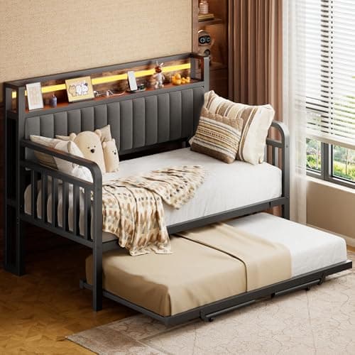 Heavy Duty Metal Full Bed Frame with Pop Up Trundle and LED Light (Black)
| Sturdy Daybed for Living Room, Bedroom and Guest Room with Charging Station (Black)
| Upholstered Storage Headboard and LED Light Daybed (Black)