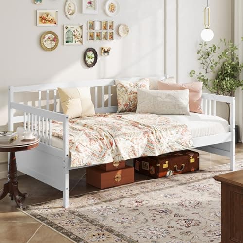 Giantex Twin Daybed Frame, Wooden Guest Bed with Rails, White