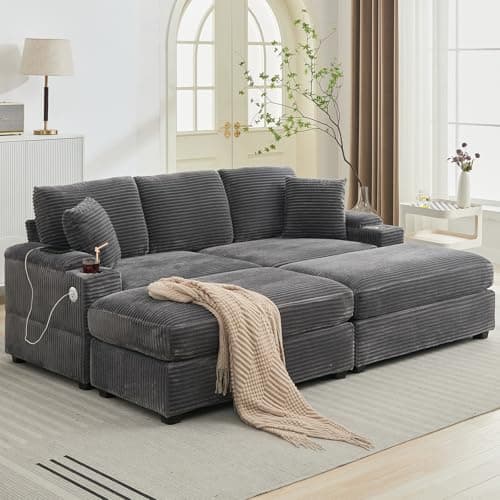 Oversized Grey Corduroy Chaise Lounge with Storage & 2 Pillows, 2 Ottomans, Cup Holder & USB Port