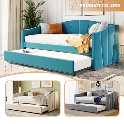 Blue Velvet Upholstered Daybed with Trundle and Backrest