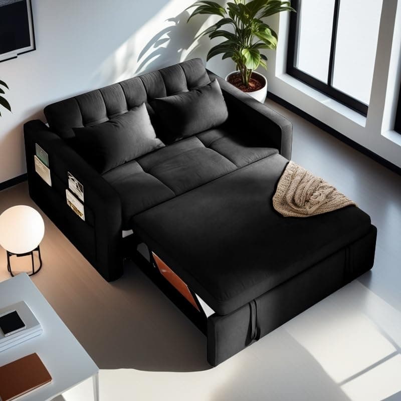 YITAHOME 55" Convertible Sofa Bed, Black Full Size Reclining Velvet Sleeper