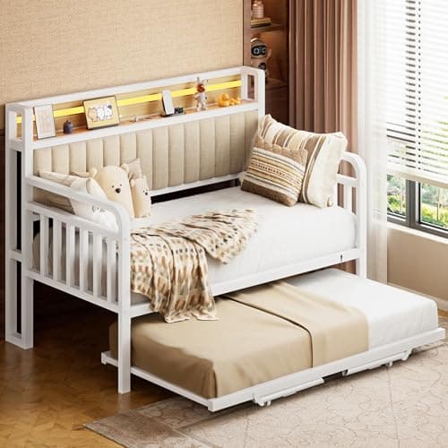 Heavy Duty Metal Full Bed Frame with Pop Up Trundle and LED Light (Black)
| Sturdy Daybed for Living Room, Bedroom and Guest Room with Charging Station (Black)
| Upholstered Storage Headboard and LED Light Daybed (Black)