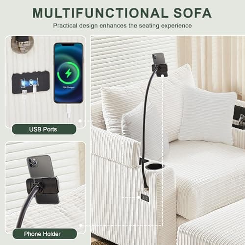 Oversized White Chaise Lounge Chair with Ottoman & 2 Pillows, USB Ports & Cup Holders (39.4")