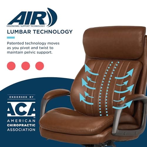 La-Z-Boy Nova Executive Office Chair - Patented AIR Ergonomic Support, Cognac Brown Vegan PU Leather