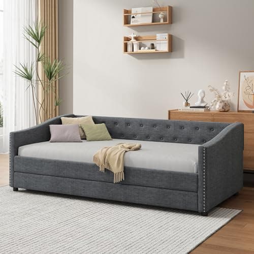 Dark Grey Nailhead Decorated Twin Daybed with Button Tufted Backrest and Wood Slat Support